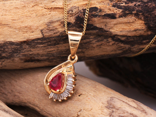 BJC® 14ct Yellow Gold Natural Ruby & Diamond Teardrop Pendant & Necklace P29
