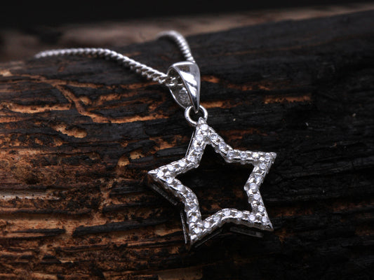 Sterling Silver Shining Star Cubic Zirconia CZ Sweetheart Pendant & Necklace 925