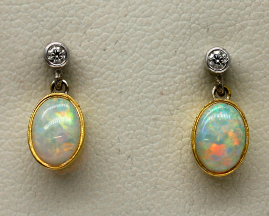 18ct Yellow & White Gold Fiery Opal & Diamond Drop Dangle Earrings