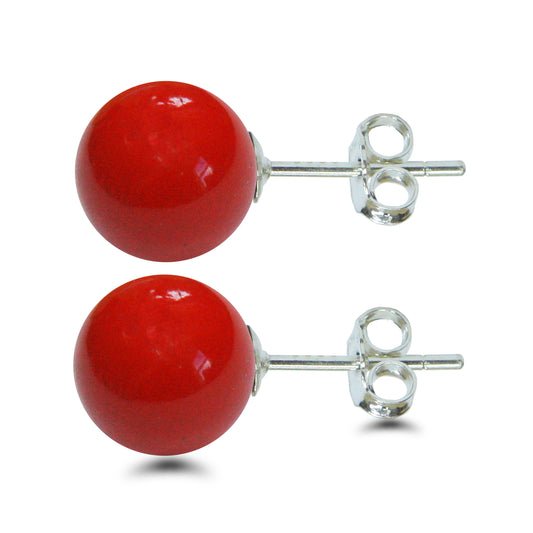 BJC® Stunning Ladies Sterling Silver Red Coral Ball Stud Earrings Brand New