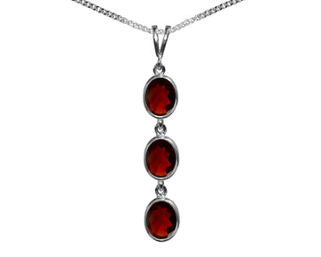 BJC® Sterling Silver 925 Natural Garnet Triple Drop Oval Pendant & Necklace