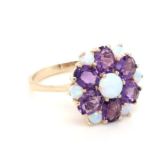 9ct Yellow Gold Opal & Amethyst Large Flower Cluster Ring Size M R280