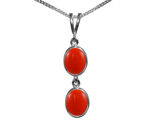 BJC® Sterling Silver Peach Coral Double Drop Oval Pendant & Necklace