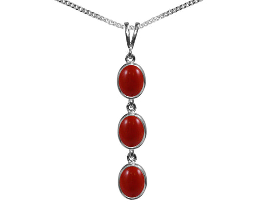 BJC® Sterling Silver 925 Red Coral Triple Drop Oval Pendant & Necklace