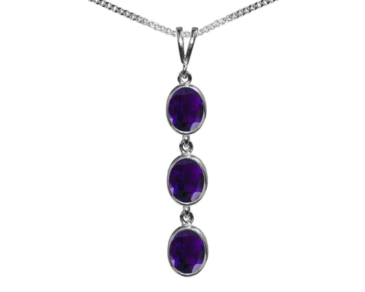 BJC® Sterling Silver 925 Natural Amethyst Triple Drop Oval Pendant & Necklace