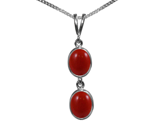 BJC® Sterling Silver Red Coral Double Drop Oval Pendant & Necklace