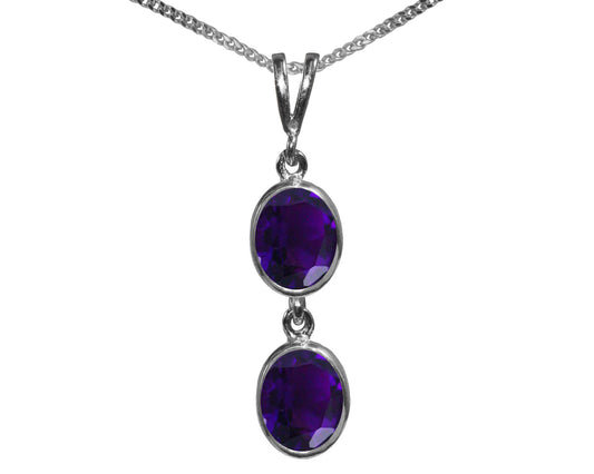 BJC® Sterling Silver Natural Amethyst Double Drop Oval Pendant & Necklace
