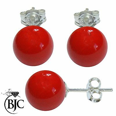 BJC® Stunning Ladies Sterling Silver Red Coral Ball Stud Earrings Brand New