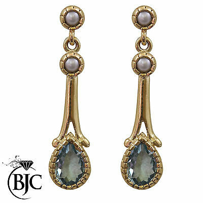 BJC® 9ct Yellow Gold Blue Topaz & Pearl Teardrop Drop Stud Earrings Studs ER61