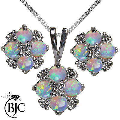 BJC® 9ct White Gold Natural Opal & Diamond Necklace Pendant & Stud Earrings