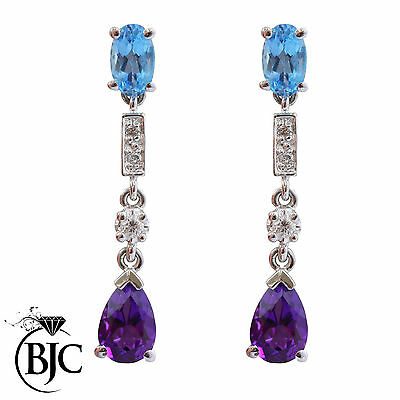 BJC® 18ct White Gold Natural Amethyst & Blue Topaz Drop Stud Earrings Studs ER15