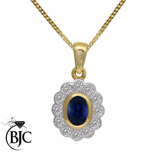 BJC® 18ct Yellow Gold Natural Sapphire & Diamond Cluster Pendant & Necklace P31