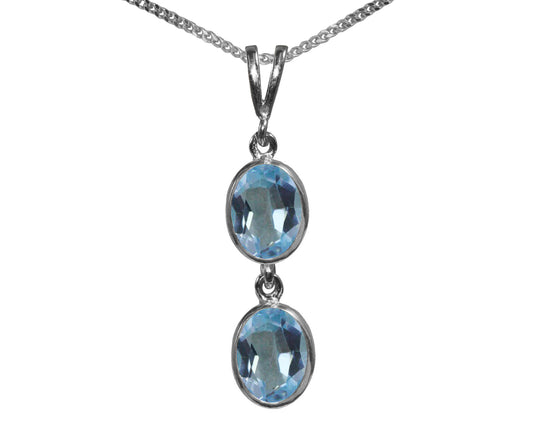 BJC® Sterling Silver Natural Blue Topaz Double Drop Oval Pendant & Necklace