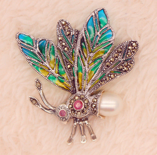 Handmade 925 Sterling Silver Plique-à-jour Enamelled Ruby Pearl Marcasite Bug Brooch Butterfly