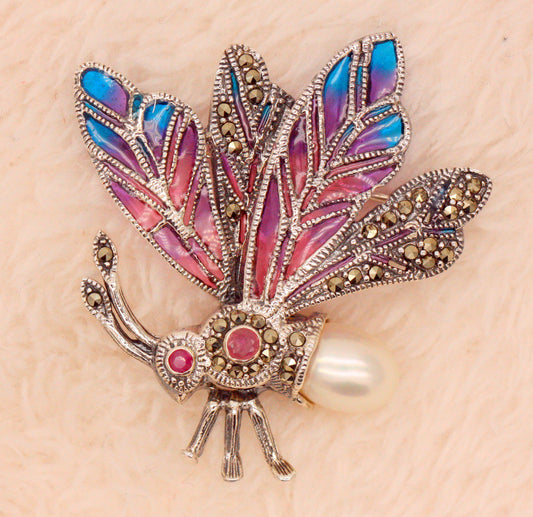 Handmade 925 Sterling Silver Plique-à-jour Enamelled Ruby Pearl Marcasite Bug Brooch Butterfly