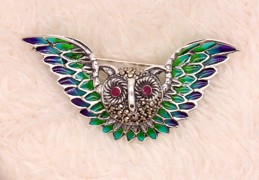 Handmade 925 Sterling Silver Plique-à-jour Enamelled Ruby Marcasite Brooch Owl in Flight BR17