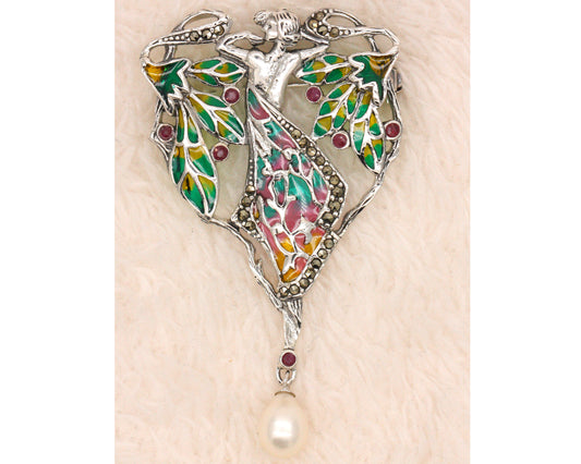 925 Sterling Silver Plique-à-jour Enamelled Ruby Pearl Marcasite Nude Brooch Pendant BR64