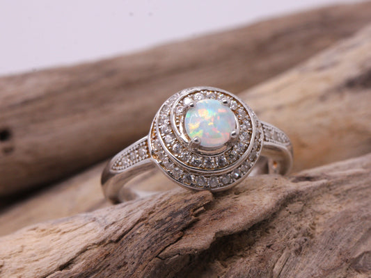 BJC® Sterling Silver Fiery White Opal & Cubic Zirconia Round Solitaire CZ Ring Size L & N