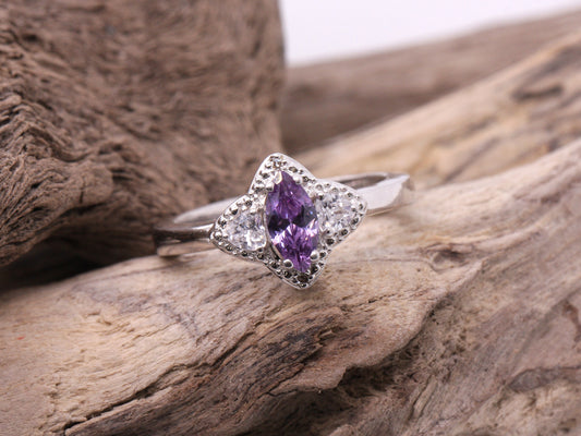 Sterling Silver 925 Amethyst & CZ Marquise and Trillion Trilogy Ring Size L