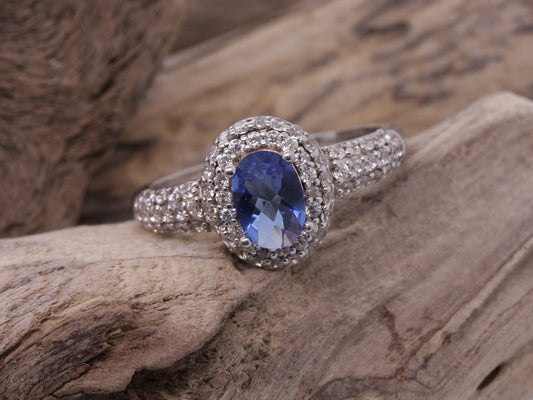 Sterling Silver 925 Sapphire & CZ Oval Beautiful Cluster Ring Multiple Sizes