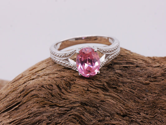 INCREDIBLE Sterling Silver 925 Oval Pink Topaz & Diamond Solitaire Engagement Accented Ring Size O