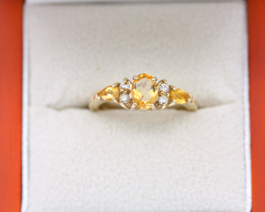 9ct Yellow Gold Citrine & Diamond Size O Engagement Dress Ring R178