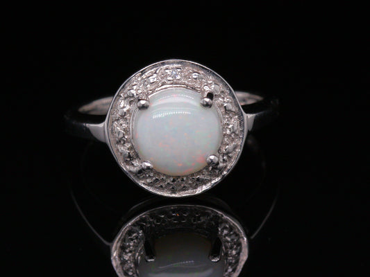 Sterling Silver Natural Opal & Natural Diamond Simplistic Style Halo Ring Size M