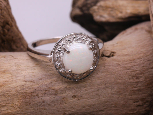 Sterling Silver Natural Opal & Natural Diamond Simplistic Style Halo Ring Size M