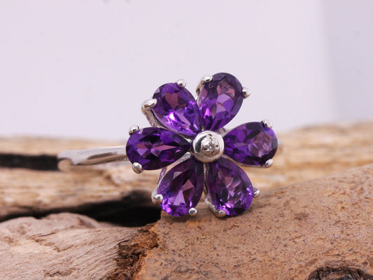 Sterling Silver 925 Natural Amethyst & Diamond Pear Flower Cluster Ring Size S