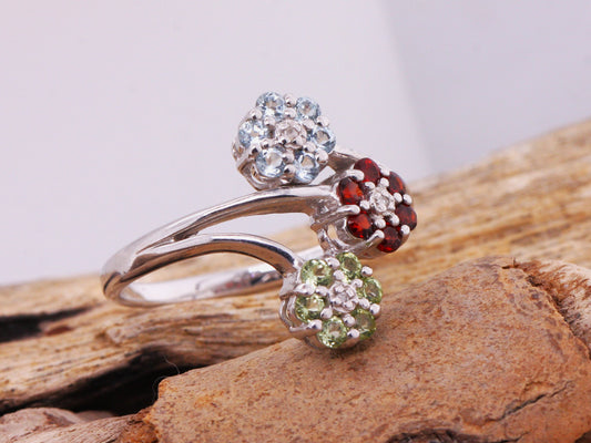 Sterling Silver 925 Natural Garnet Topaz Peridot Diamond Flower Ring Size Q