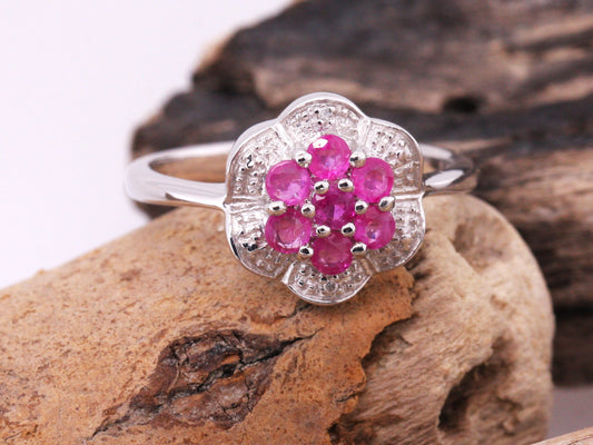 Sterling Silver 925 Natural Ruby & Diamond Flower Petal Cluster Ring Size O