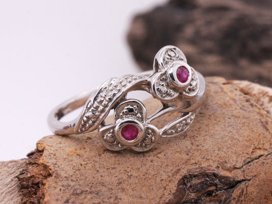 Sterling Silver 925 Natural Ruby & Diamond Flower Petal Twist Ring Size M