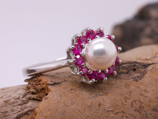 Sterling Silver 925 Natural Ruby & Natural Pearl Round Cluster Ring Size L