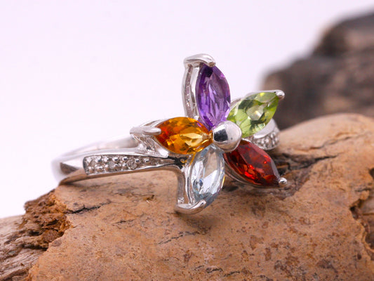 Sterling Silver 925 Natural Garnet Topaz Amethyst Citrine Peridot Ring Size M