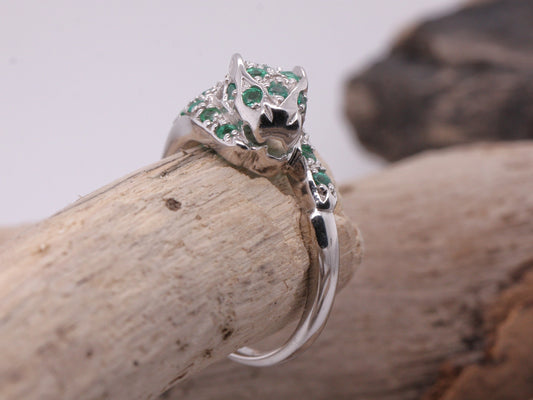 Sterling Silver 925 Natural Emerald & Diamond Pouncing Panther Head Ring Size N