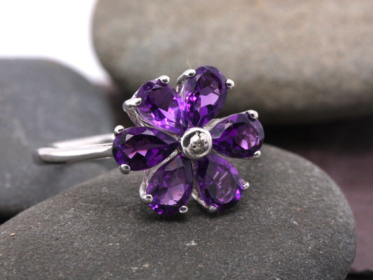 Sterling Silver 925 Natural Amethyst & Diamond Pear Flower Cluster Ring Size S