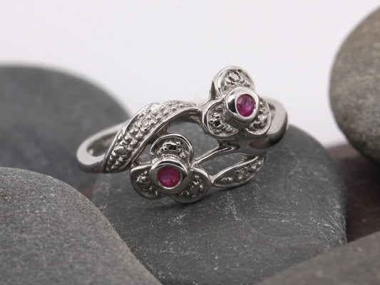 Sterling Silver 925 Natural Ruby & Diamond Flower Petal Twist Ring Size M