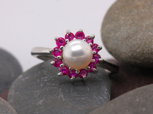 Sterling Silver 925 Natural Ruby & Natural Pearl Round Cluster Ring Size L