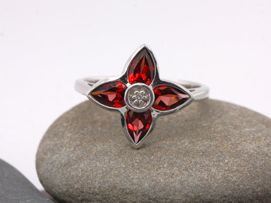 Sterling Silver 925 Natural Garnet & Diamond Pear Flower Cluster Ring Size O