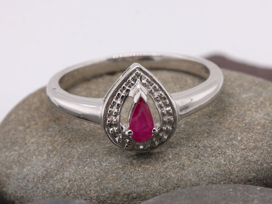 Sterling Silver 925 Natural Ruby & Diamond Pear Raindrop Teardrop Ring Size Q