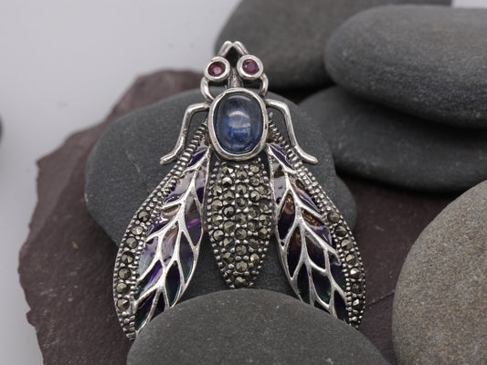 Vintage Style Handmade 925 Sterling Silver Plique-à-jour Enamelled Ruby Sapphire Marcasite Fly Brooch Bug Pendant