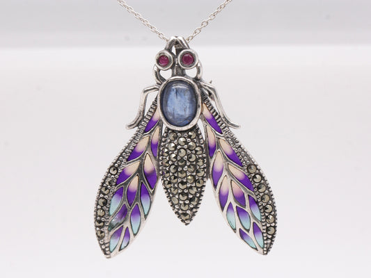 Vintage Style Handmade 925 Sterling Silver Plique-à-jour Enamelled Ruby Sapphire Marcasite Fly Brooch Bug Pendant