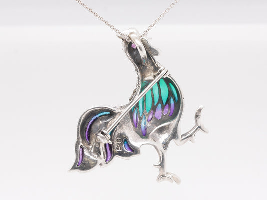 Handmade 925 Sterling Silver Plique-à-jour Enamelled Ruby Marcasite Brooch Cockerel Rooster Chicken Pendant