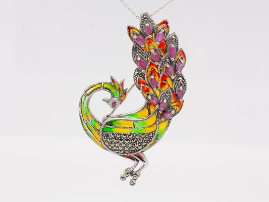 Handmade Sterling Silver Plique-à-jour Enamelled Ruby Marcasite Brooch Peacock Pendant BR60