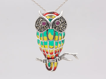 Handmade 925 Sterling Silver Plique-à-jour Enamelled Ruby Marcasite Brooch Owl Pendant