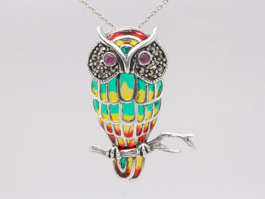 Handmade 925 Sterling Silver Plique-à-jour Enamelled Ruby Marcasite Brooch Owl Pendant