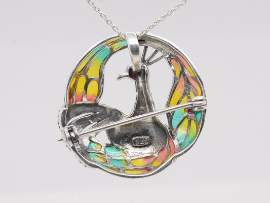 Handmade Sterling Silver Plique-à-jour Enamelled Ruby Marcasite Brooch Peacock Pendant BR9