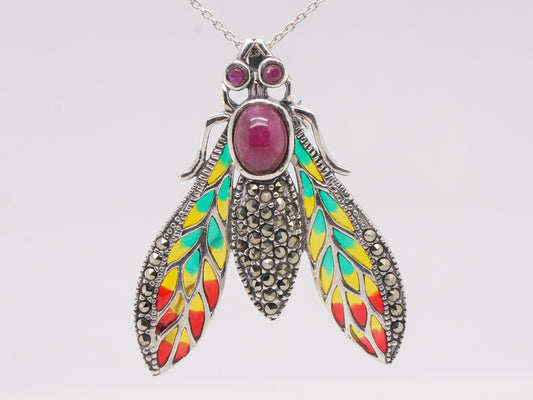 Sterling Silver Plique-à-jour Enamelled Ruby Cabochon Marcasite Fly Brooch Brooch Pendant BR53