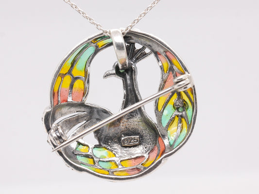 Handmade Sterling Silver Plique-à-jour Enamelled Ruby Marcasite Brooch Peacock Pendant BR7