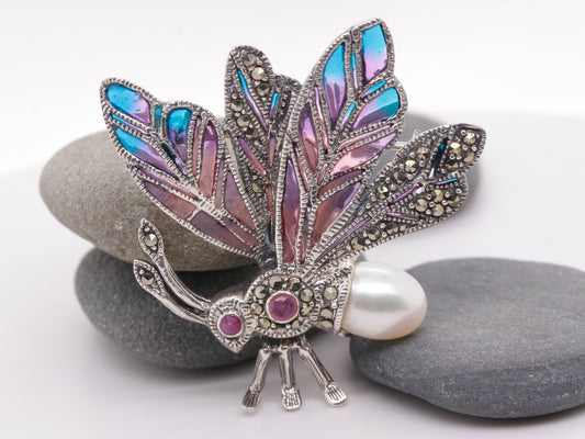 Handmade 925 Sterling Silver Plique-à-jour Enamelled Ruby Pearl Marcasite Bug Brooch Butterfly